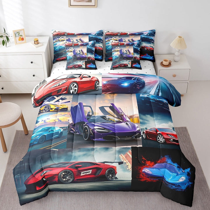 Sports Car Bed in a Bag Queen Comforter Set 7 Piece,Racing Car Bedding Sets Cool Automobile Dirt Bike Patchwork Style Vehicles Sheet Set with Comforter,2 Pillowcases,2 Throw Pillow Covers