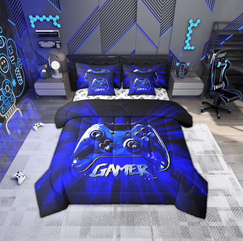 Erosebridal Male Gamepads Bedding Sets Twin Size,Video Game Comforter Sets with Sheets,Blue Gamer Bed in a Bag Twin size,Super Cozy Geometric Room Decor,Reversible,7-Piece