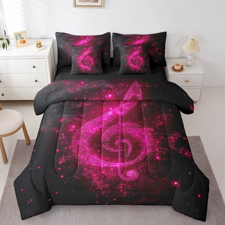 Musical Note 7 Pieces Bedding Set King,Starry Rose Pink Sequins Print (Not Real) Chic Bed in a Bag for Adults,Romantic Glitter Music Theme Fashion Comforter Set with Sheets,Pillow Covers