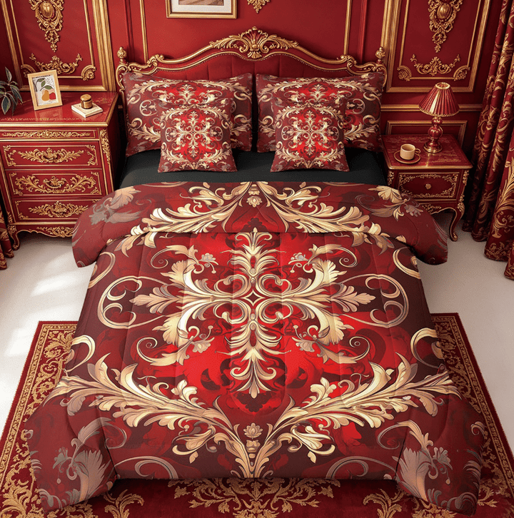 Erosebridal Gothic Damask Bed in a Bag King Size,Red Gold Victorian Floral Bed Set,Retro Aztec Theme Bedding King Size,Breathable Room Decor Reversible,7 Pieces