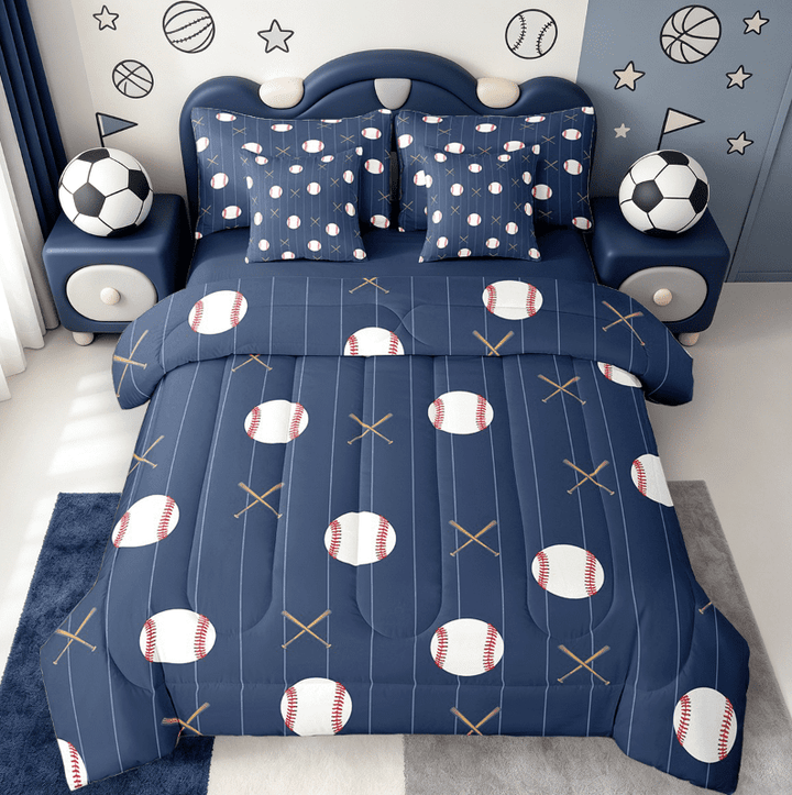 Manfei Baseball Bed in a Bag Full Size,Sports Theme Bed Set,Blue White Bedding Full Size For Boys,Ultra Soft Room Decorative Reversible,7 Pieces