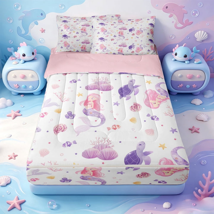 meiyoeat Cartoon Mermaid Print Zipper Twin Comforter Sets with Fitted Sheet and 2 Pillowcases For Girls,Magic Ocean Animals Zipper Bedding Set,Pink Reversible,4pcs