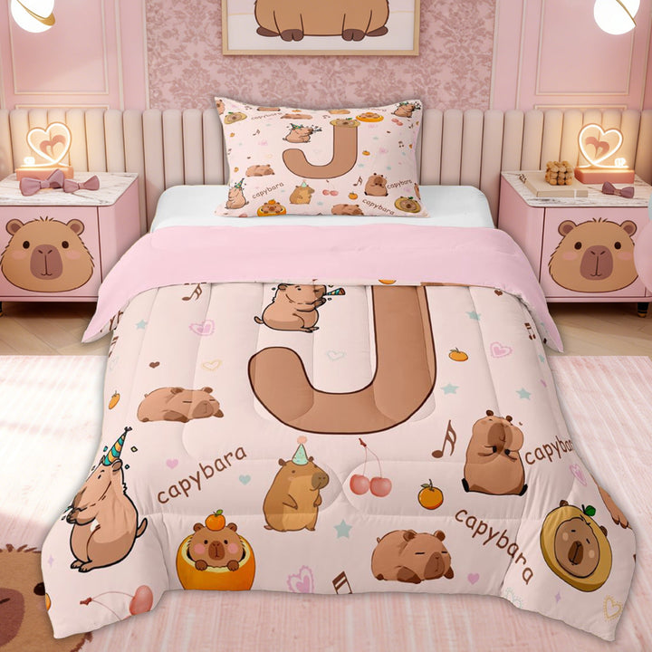 Erosebridal Kawaii Capybara Kid Twin Comforter Sets, Brown J Letter Bedding Set, 2 Pieces, Pink Reversible