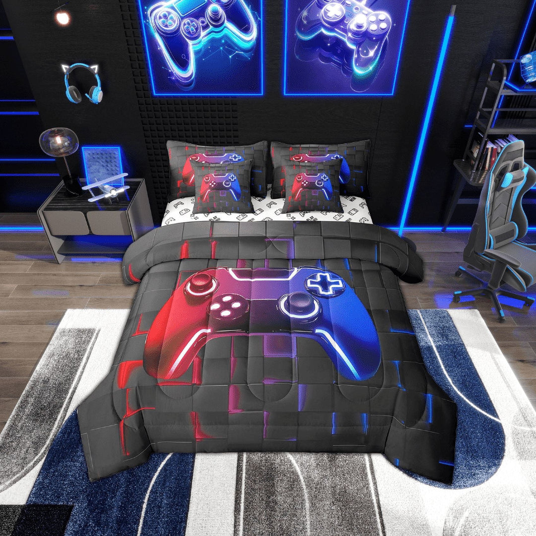 Erosebridal Gaming Bed in a Bag Twin Size, Red Blue Neon Light Grid Bed Set, Gamer Bedroom Decorative, Reversible 7 Pieces