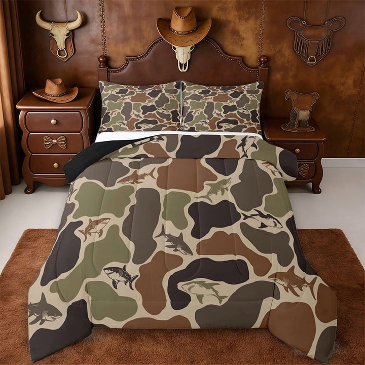 Erosebridal Green Camouflage Full Size Comforter Sets,Cute Cartoon Shark Rustic Farmhouse Camo Bedding Sets For Kids Boys,Reversible Black,3pcs