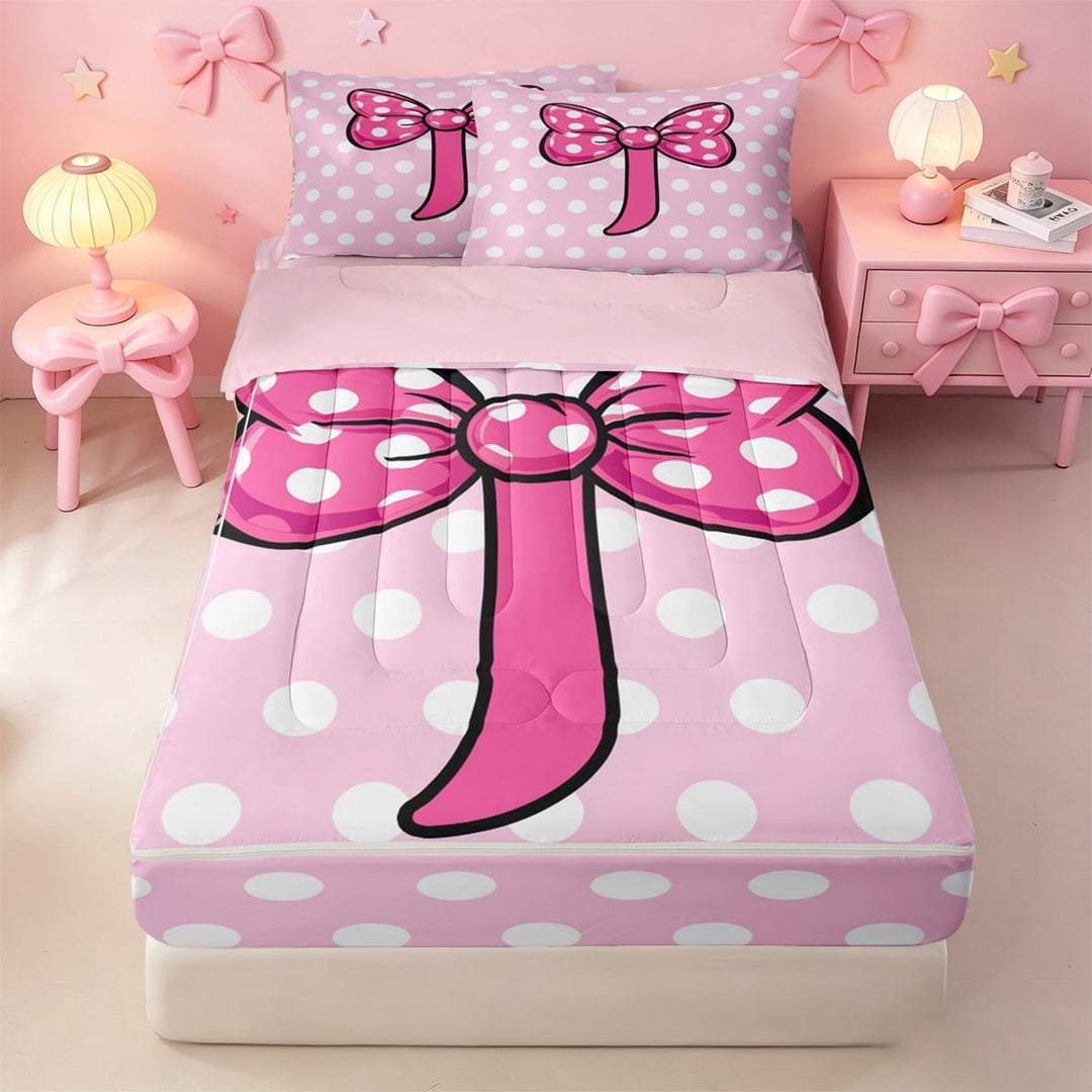 meiyoeat Cute Polka Dot Monogram J Zipper Twin Comforter Sets with Fitted Sheet and 2 Pillowcases For Girls,Girly Bow Initial Aesthetic Zipper Bedding Set,Pink Reversible,4-Piece