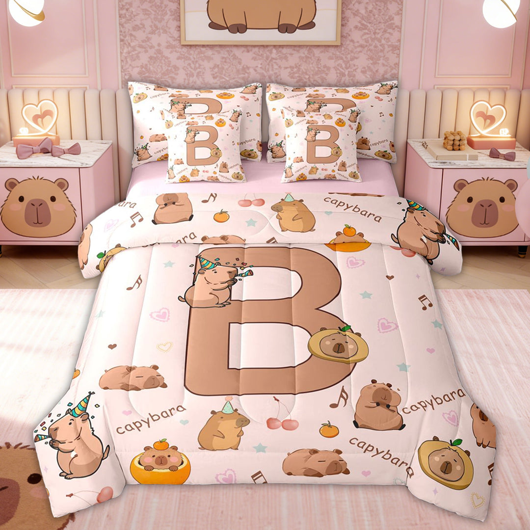 Erosebridal Cute Capybara Kid Twin Bedding Sets, Brown Letter B Bedding Comforter Set, Pink Reversible, 7-Piece