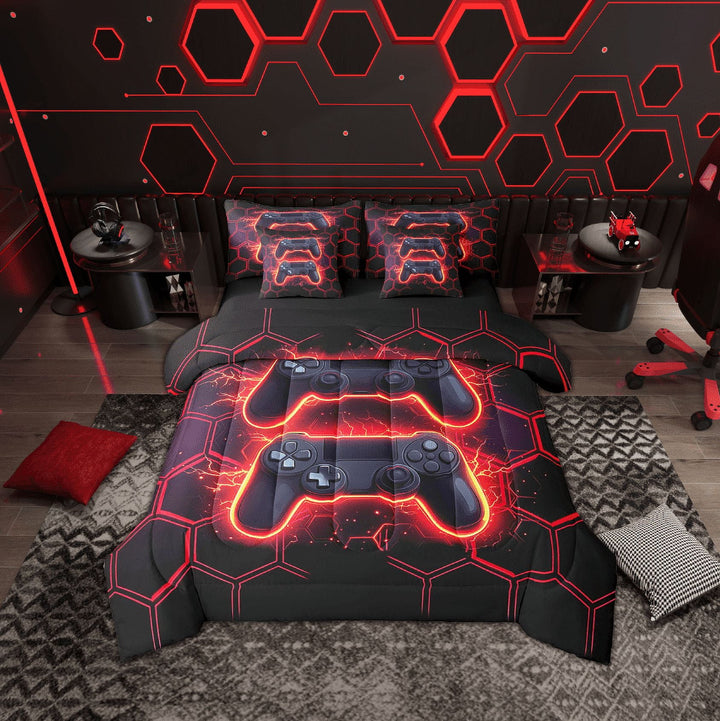 Erosebridal Teens Video Game Bed in a Bag Twin size, Gradient Red Honeycomb Quilted Comforter, Lightweight 7pcs