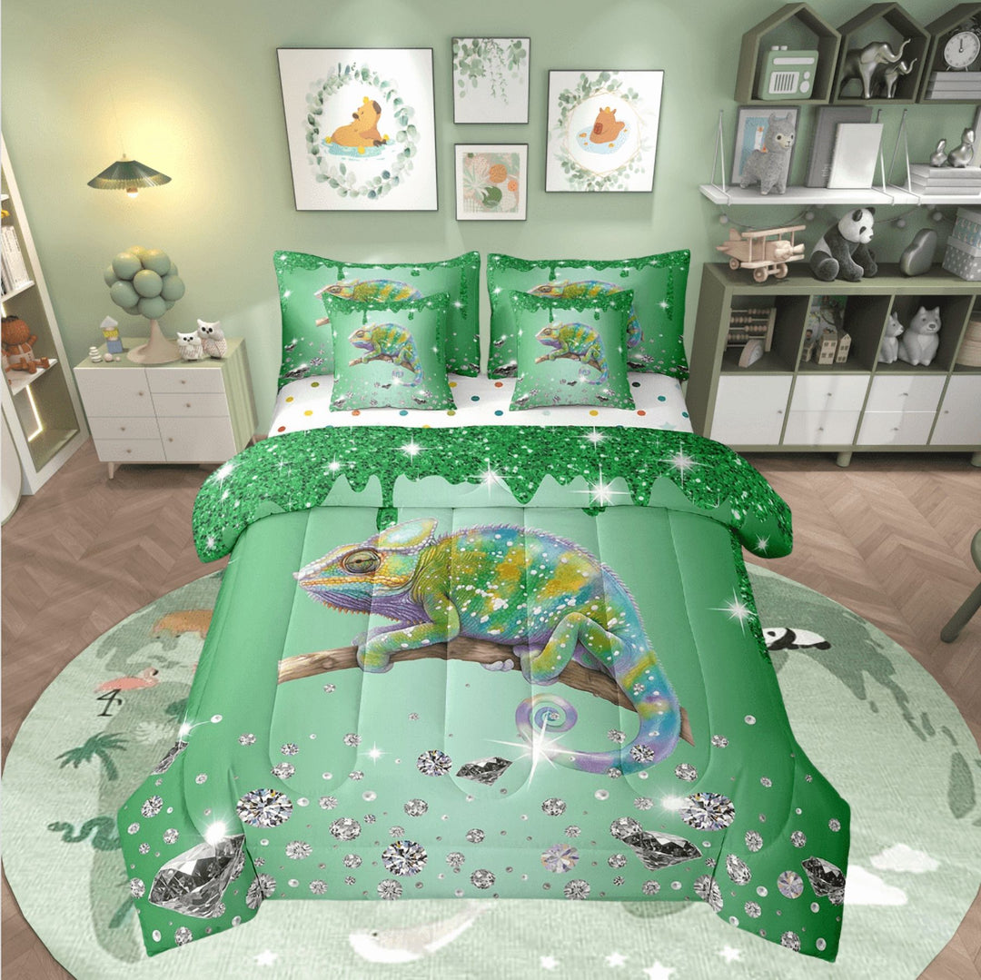 Chameleon Comforter Set 7 Piece Bed in a Bag Twin,Green Sequin Fluid Art Comforter and Sheet Set,Crystal Diamond Bedding Set,Woodland Animals Bed Set Tropical Jungle Wildlife Room Decor