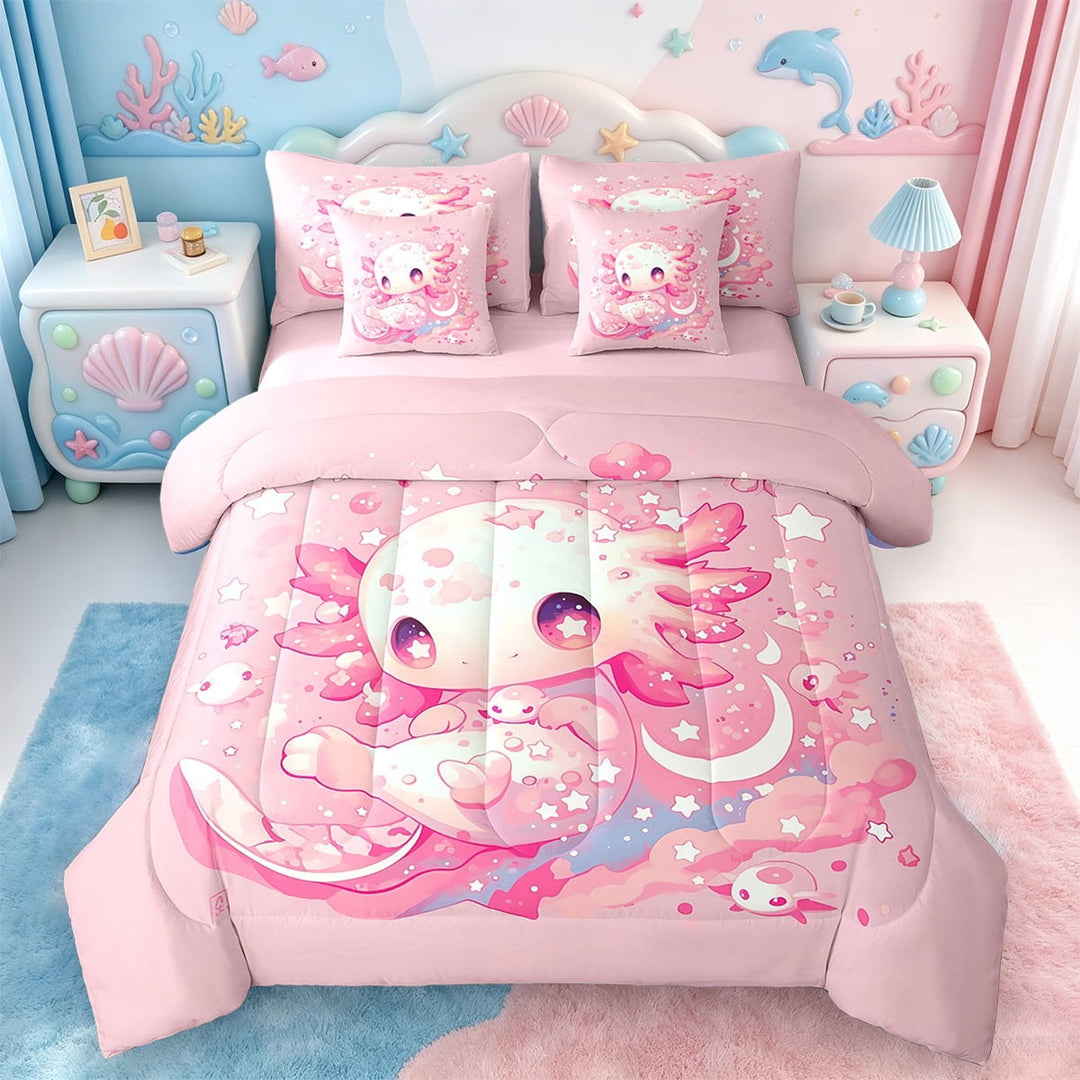 Manfei Lovaly Axolotl Bedding Sets Full Size,Ocean Sealife Comforter Sets with Sheets,Pink Corstars Print Bed in a Bag Full Size,Super Cozy Room Decor Reversible,7-Piece