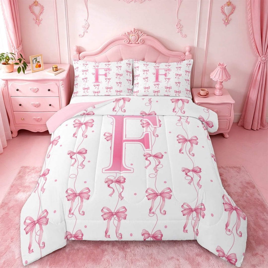 Manfei Pink Bow Full Size Comforter Sets For Girls,Cute Letter F Initial Bedding Sets For Kids,Pink Reversible,3pcs