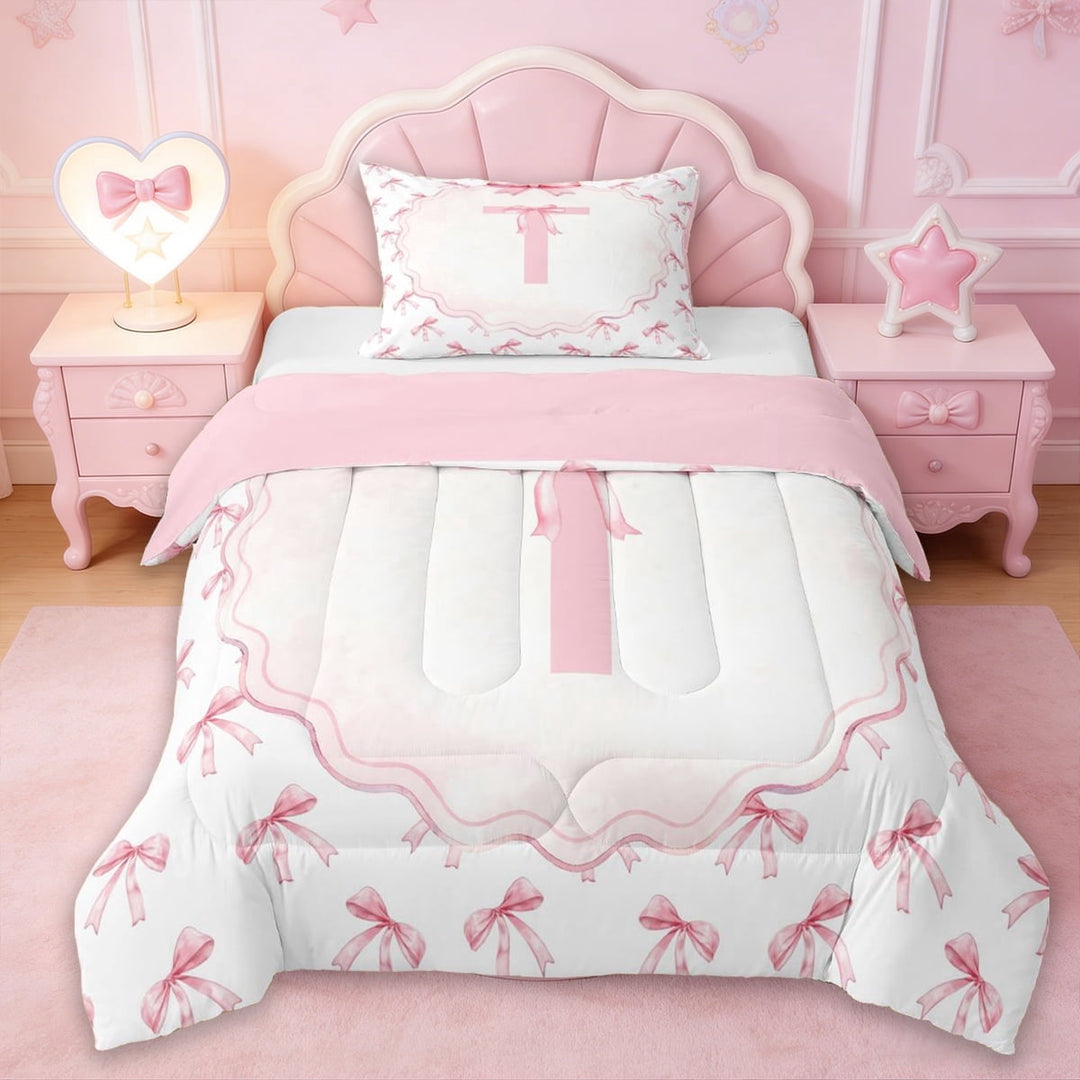 Erosebridal Pink Bowknot Twin Comforter Sets,Dreamy Princess Style T Alphabet Bedding Set For Girls Kids,Reversible pink,2pcs