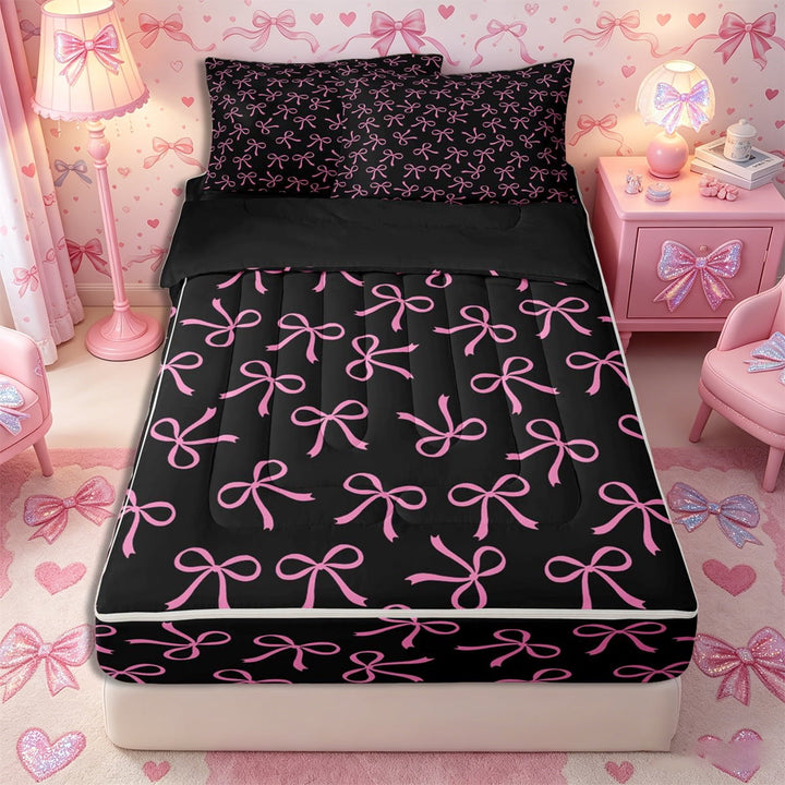 Meiyoeat Girly Ribbon Bow Zipper Full Size Comforter Sets with Fitted Sheet and 2 Pillowcases for Teens, Black pink Zipper Bedding Set for Bedroom,4pcs,Black Reversible