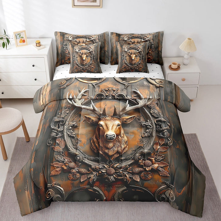Queen Size 7Pcs Deer Comforter Set Hunting Gifts For Men,Deer Hunter Bedding Christmas Gifts Country Cabin Wildlife Comforter + Flat Sheet + Fitted Sheet + 2 Pillowcases + 2 Throw Pillow Covers