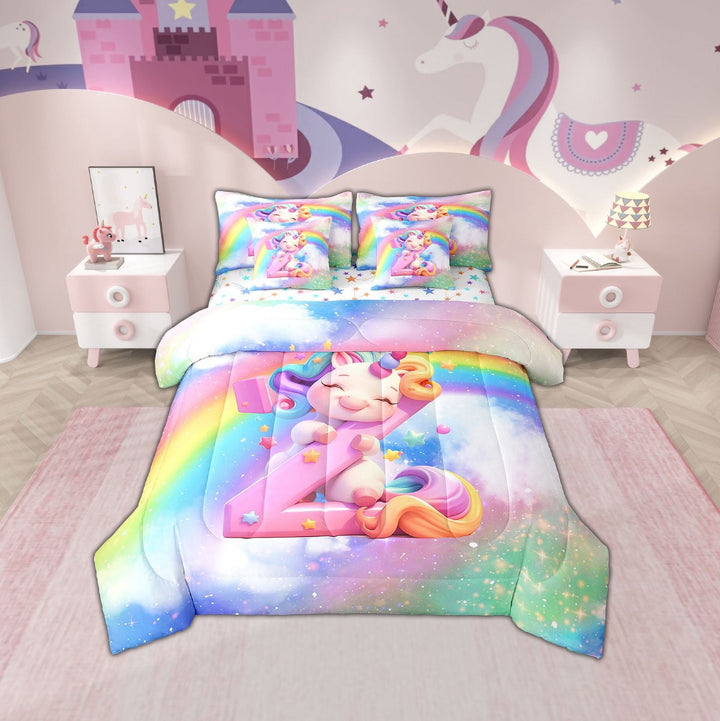 Erosebridal Cartoon Unicorn Bedding Twin Size, Glitter Rainbow Bed Set, Monogrammed Z Reversible Bedding Sets Twin Size, Breathable Room Decor, 7-Piece