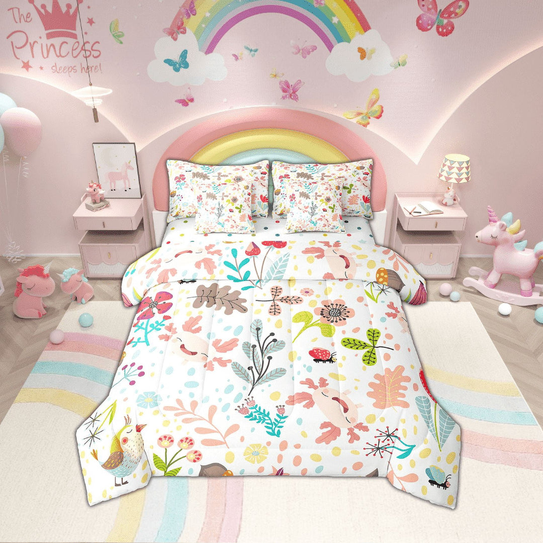 Cute Axolotl Comforter Set 7 Piece Kawaii Axolotl Bed In A Bag With Sheets Full Cartoon Floral Animal Bedding Set Botanical Leaf Wildlife Sheet Set With Comforter