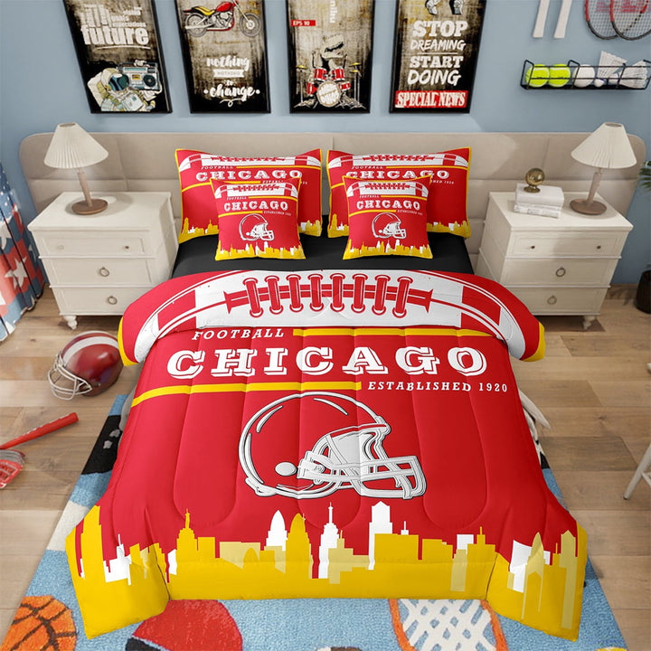 7 Piece Sports Bedding Sets,American Football Fans Bed in a Bag Twin Size Rugby Player Comforter Set with Sheets Football Lovers Bed Set Orange Red Yellow White Sheets (Chicago)