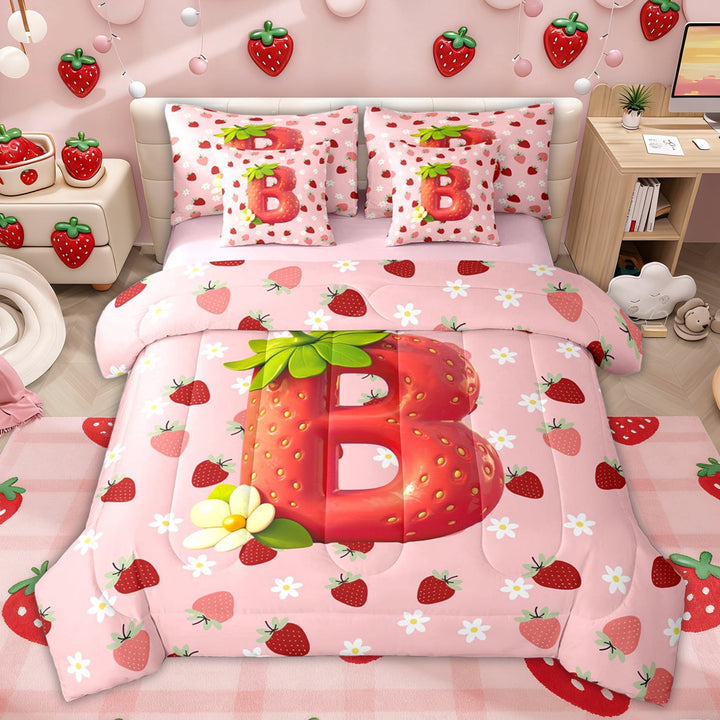 Erosebridal Pink Strawberry Kids Twin Bedding Sets, Princess Initial B Letter Bedding Comforter Set, Pink Reversible, 7-Piece