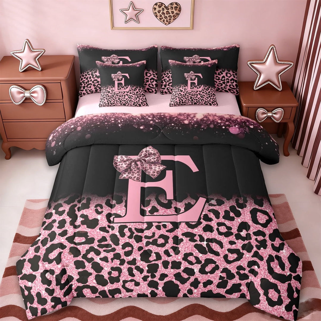 Erosebridal Cheetah Print Lovers 7-Piece Twin Bedding Sets For Girls Women,Letter E Monogrammed Bedding Comforter Set For Kids,Reversible pink