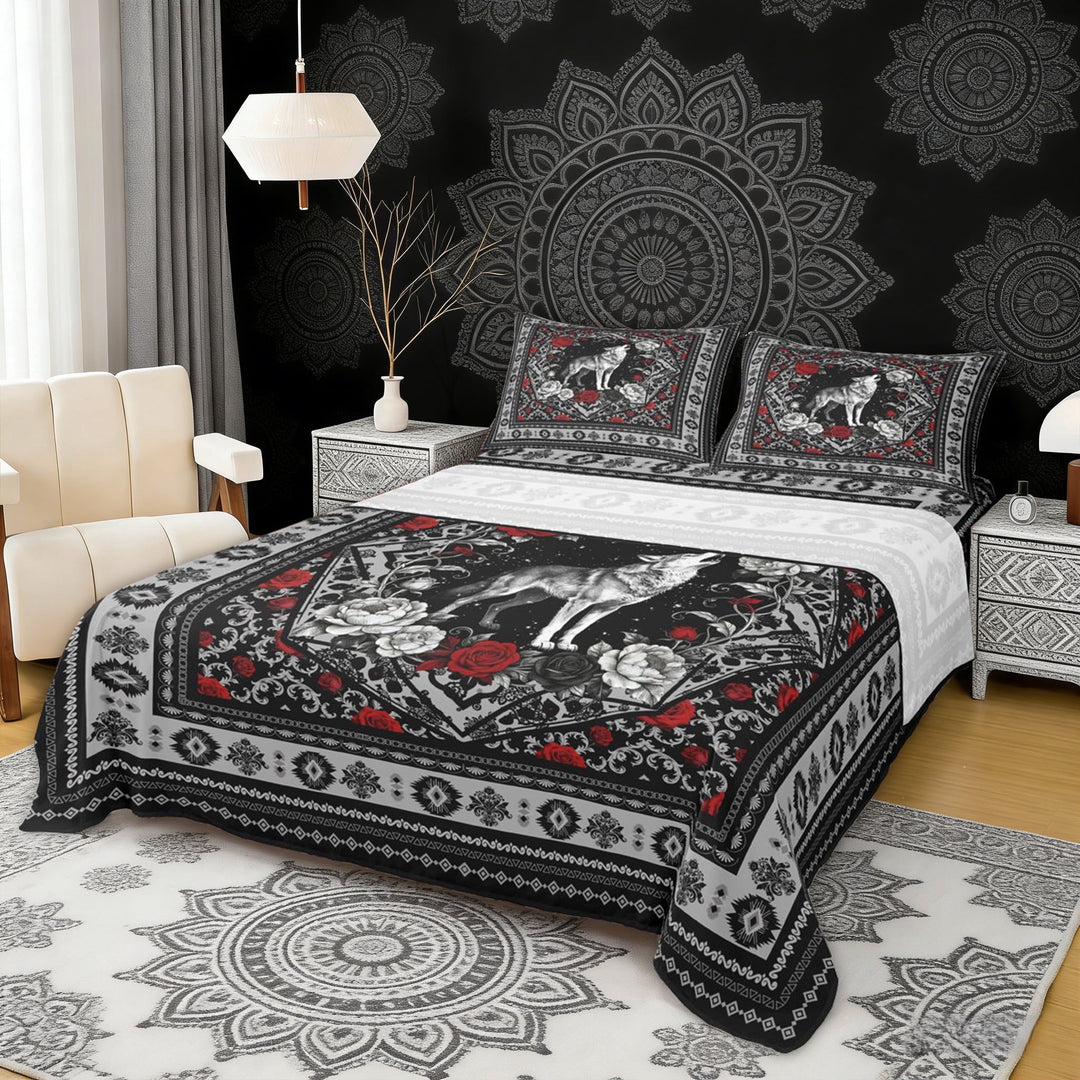 Erosebridal Howling Wolf Full Size Sheets, Bohemian Aztec Mandala Bed Sheets, Black Gray Red, 4pcs 1 Flat Sheet, 1 Fitted Sheet and 2 Pillowcases