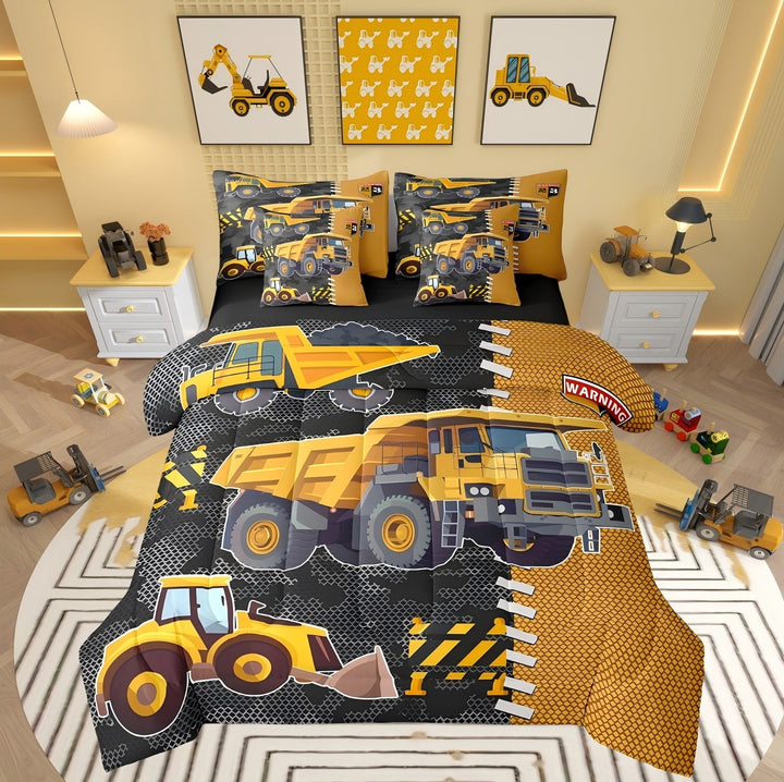 Erosebridal Construction Truck Comforter Sets Twin Size, Yellow Tractor Comforters &amp; Duvets, Cartoon Car Decor, Reversible 7pcs