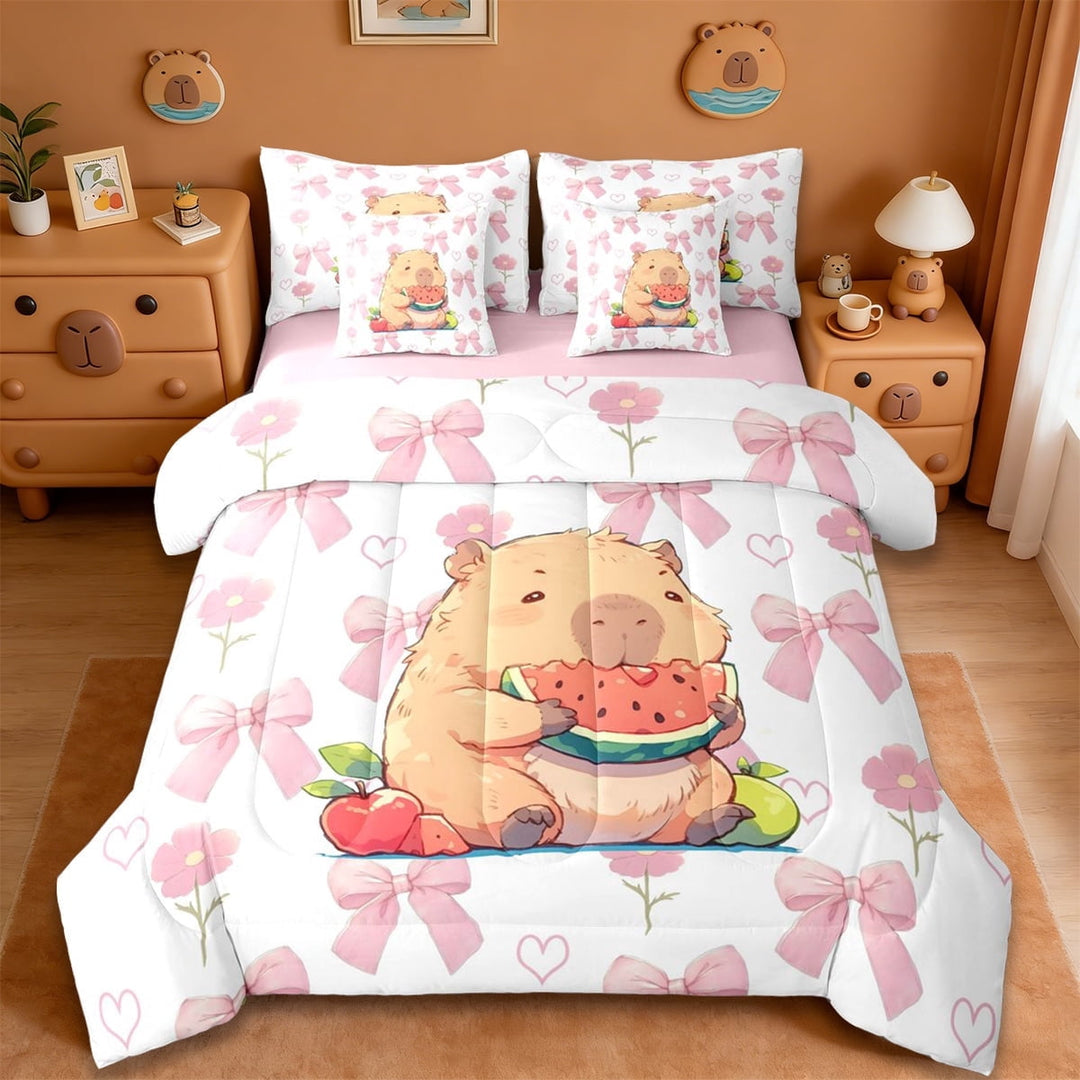 Erosebridal Cartoon Capybara 7-Piece Twin Bedding Sets,Watermelon Apple Pattern Bedding Comforter Set For Capybara Lovers ,Reversible Pink