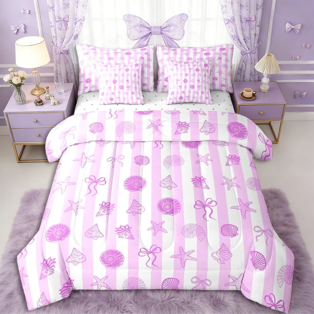 Erosebridal Kawaii Seashell Bowknot Twin Bedding Sets 7-Piece for Kids Girls,Teens Sea Theme Stripes Bedding Comforter Set,Breathable Home Decor