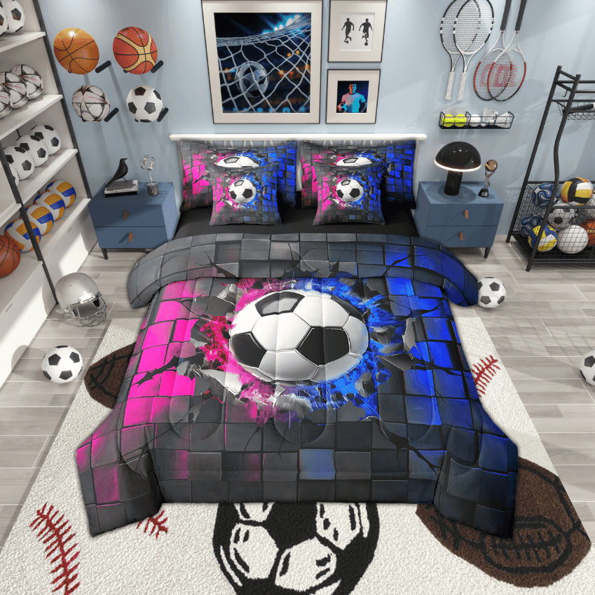 Erosebridal American Soccer Bedding Sets Twin Size,Ball Gamer Comforter Sets with Sheets,Plaid Buffalo Bed in a Bag Twin size,Super Cozy Teens Bedroom Decor,Reversible,7-Piece