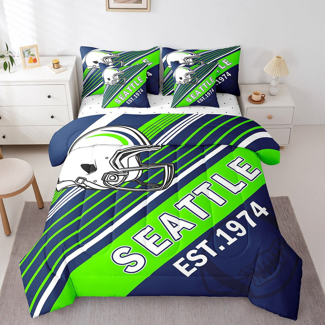 Erosebridal Rugby Bedding Sets Twin Size,Stripes Sport Comforter Sets with Sheets,Football Gaming Decor (Seattle),Reversible,Breathable,7-Piece