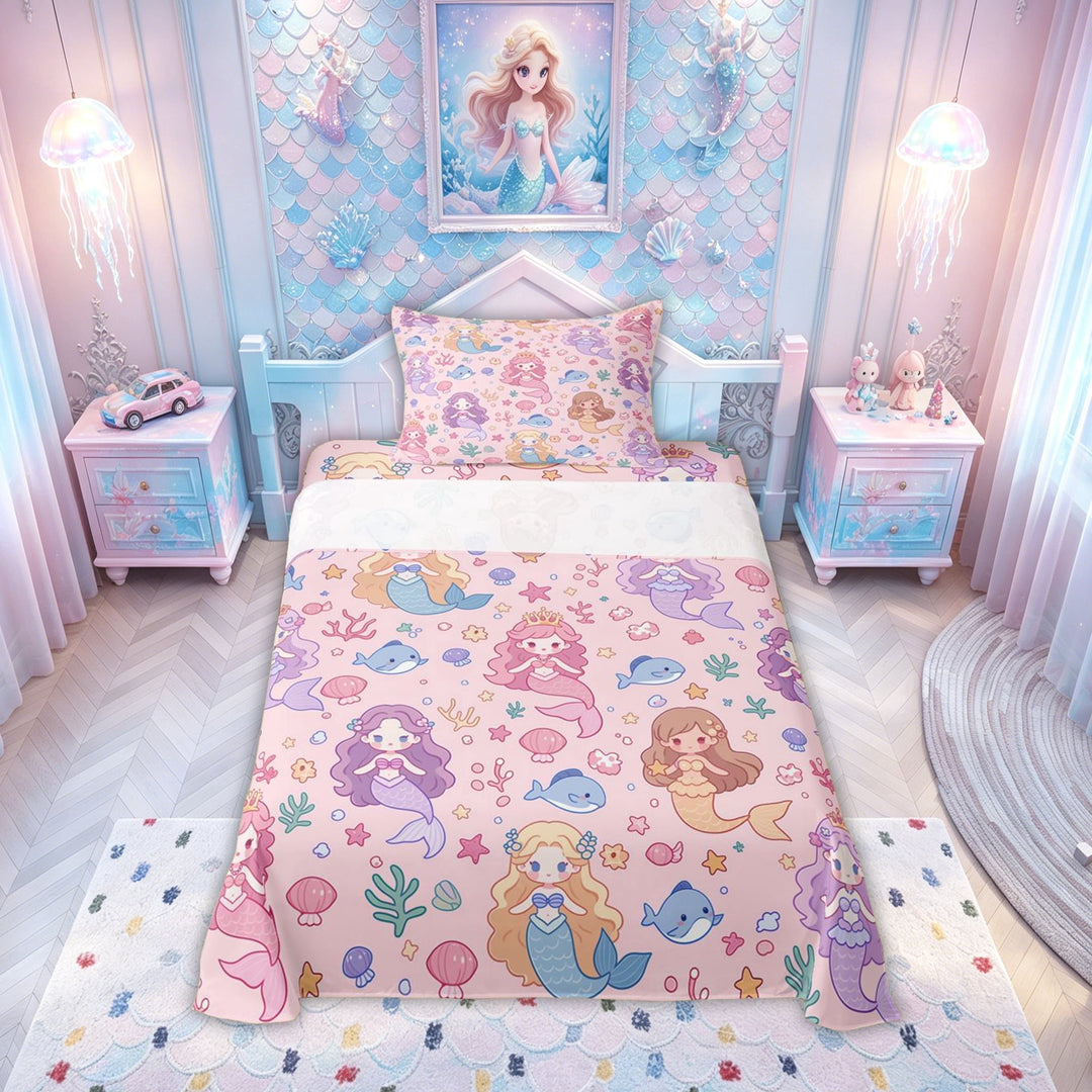 meiyoeat Kawaii Crown Mermaid Princess Bed Sheets for Kids Girls, Dolphin Star Coral Fairy Full Size Sheets, Pink Purple, Pink Reversible, 1 Flat Sheet, 1 Fitted Sheet and 2 Pillowcases