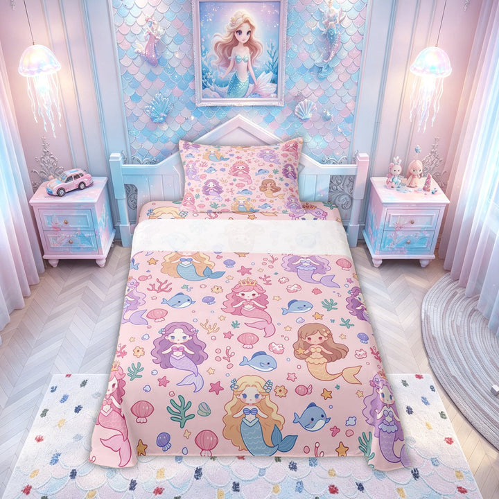 meiyoeat Kawaii Crown Mermaid Princess Bed Sheets for Kids Girls, Dolphin Star Coral Fairy Full Size Sheets, Pink Purple, Pink Reversible, 1 Flat Sheet, 1 Fitted Sheet and 2 Pillowcases