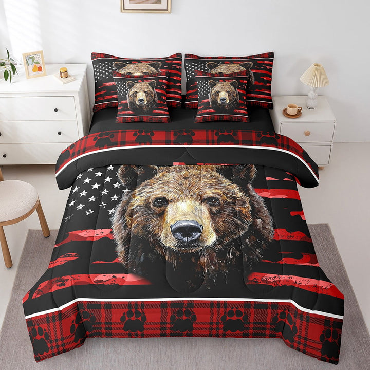 Camo American Flag Bedding Set Twin Red Black Camouflage Hunting 7 Piece Bed In A Bag Farmhouse Buffalo Plaid Bear Comforter Set Men Rustic Woodland Animal Sheet Set With Comforter