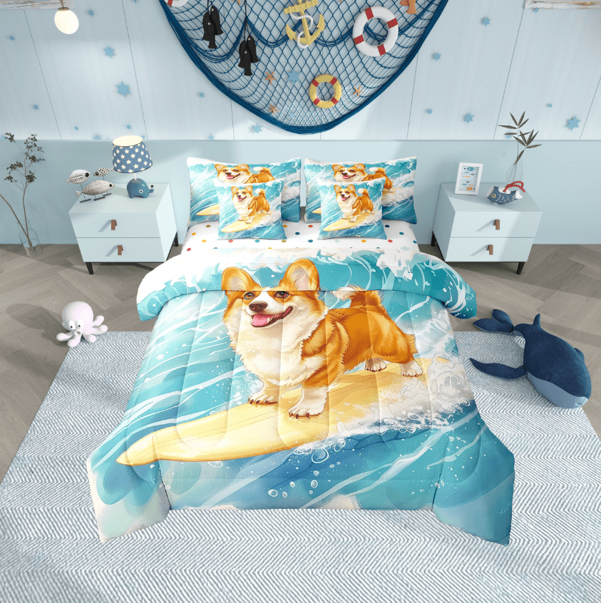 Erosebridal Yellow Corgi Bedding Sets Twin Size,Ocean Surfing Comforter Sets with Sheets,Kawaii Cartoon Bed in a Bag Twin size,Breathable Animal Bedroom Decorative,Reversible,7-Piece