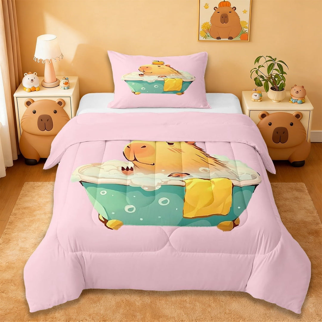 Erosebridal Cute Kawaii Capybara Twin Comforter Sets For Capybara Lovers Twin Comforter Sets,Orange Fruit Bedding Set For Kids Girls ,Reversible Pink 2pcs