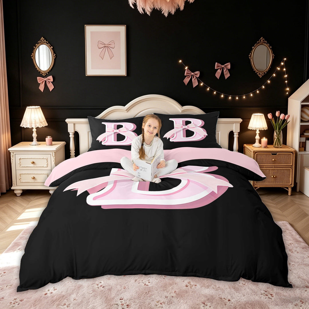 meiyoeat Princess Letter B Print Bedding for Kids Girls, Girly Bow Monogram Duvet Cover Full, Black Pink, Pink Reversible, 3-Piece