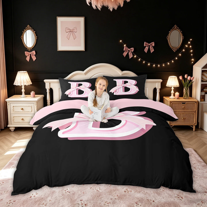 meiyoeat Princess Letter B Print Bedding for Kids Girls, Girly Bow Monogram Duvet Cover Full, Black Pink, Pink Reversible, 3-Piece