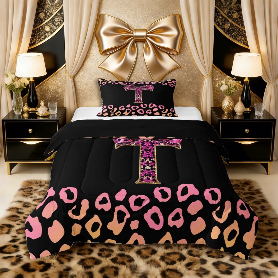 Erosebridal Bling Glitter Print Bow Letter T Monogrammed Twin Comforter Sets 3-Piece for Teens Girls,Vintage Gradient Leopard Print Bedding Set,Black Reversible,Lightweight Room Decor