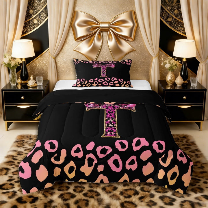 Erosebridal Bling Glitter Print Bow Letter T Monogrammed Twin Comforter Sets 3-Piece for Teens Girls,Vintage Gradient Leopard Print Bedding Set,Black Reversible,Lightweight Room Decor