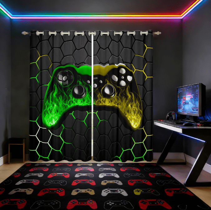Manfei Gaming Curtains for Living Room,Geometric Hexagon Blackout Curtains Set of 2 (38x45),Gradent Green Yellow Curtains and Drapes (38x45) For Boy,Microfiber Room Decor