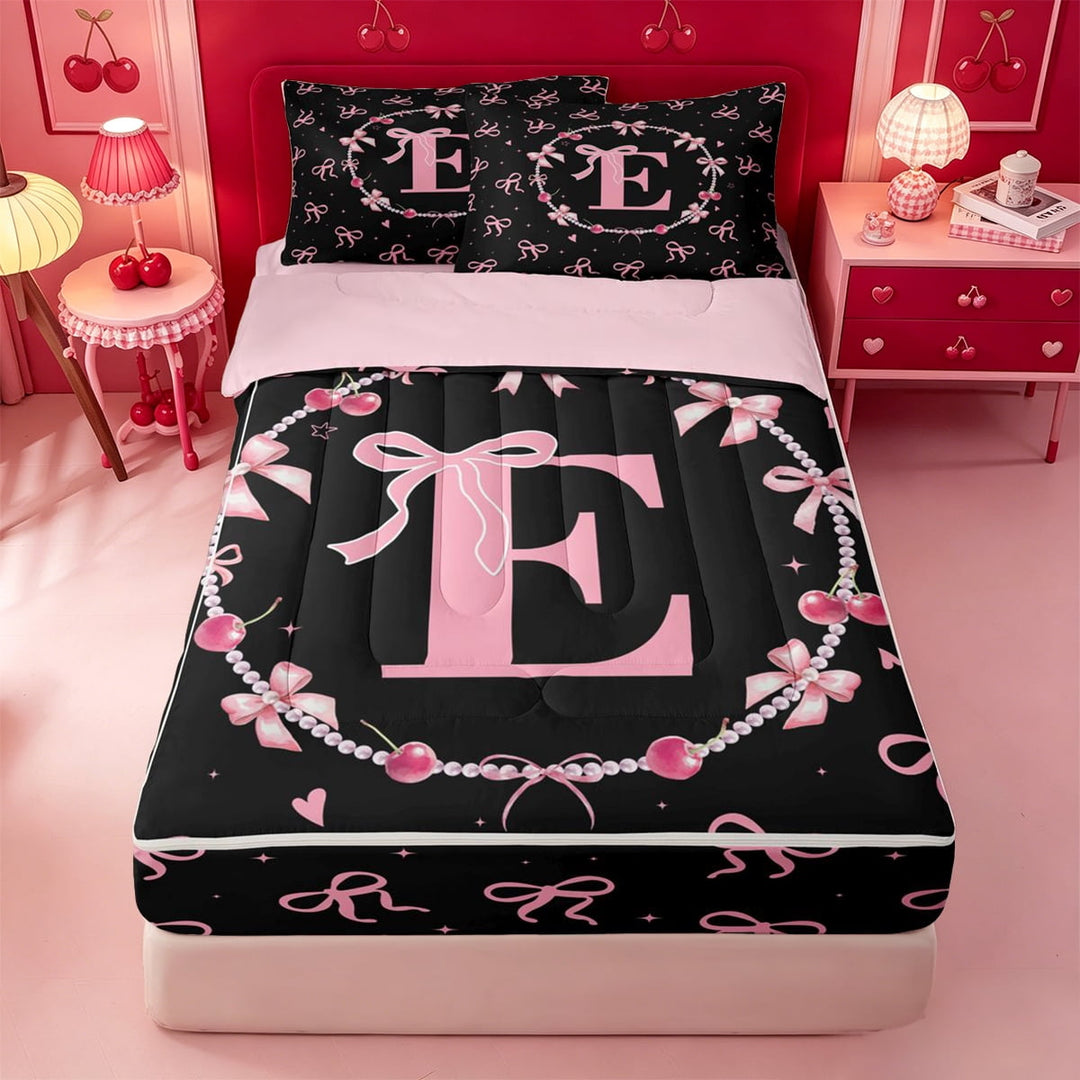 meiyoeat Pink Personalized Initial E Zipper Twin Comforter Sets with Fitted Sheet and 2 Pillowcases,Princess Bow Zipper Bedding Set For Girl,Pink Reversible,4 Pieces