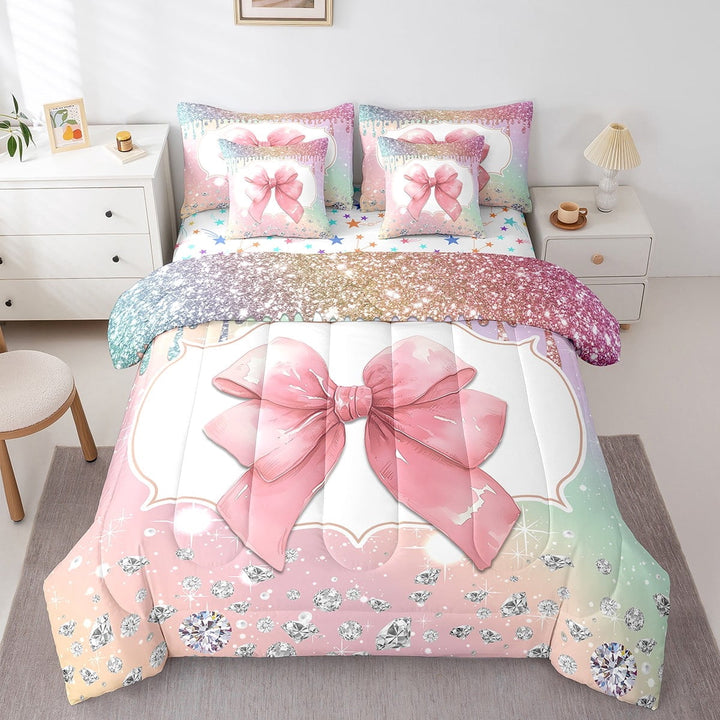 Erosebridal Cute Bowknot Bedding Sets King Size,Sparkling Crystal Bed in a Bag King size,Microfiber Reversible Bedding King Size,Dreamy Princess Decor,7 Pieces