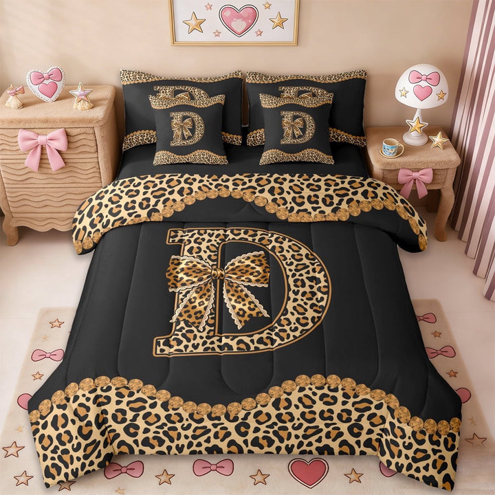Erosebridal Brown Initial Alphabet D 7-Piece Twin Bedding Sets,Fashion Women Cheetah Print Bedding Comforter Set For Girls Kids,Black Reversible