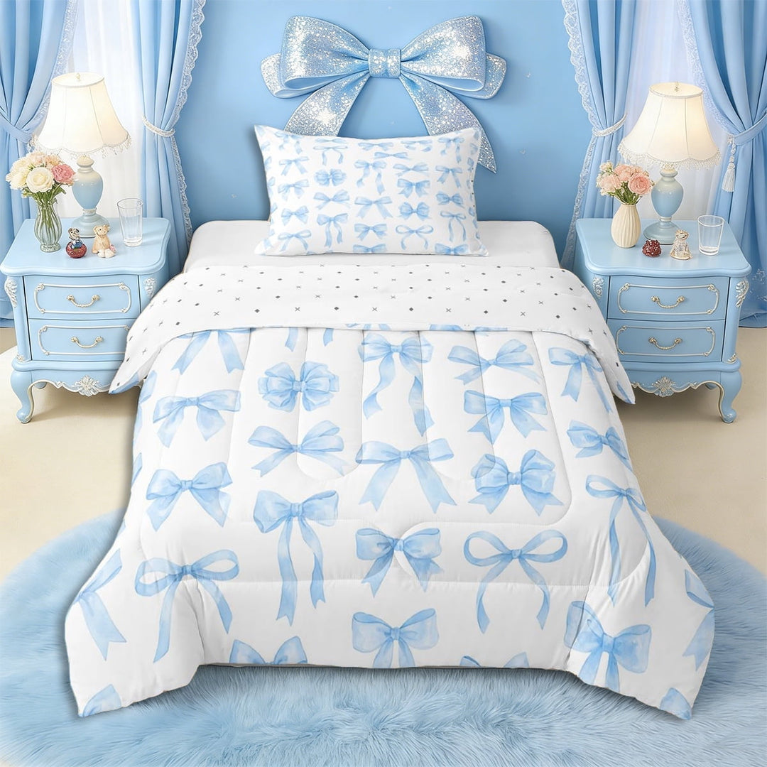 Erosebridal Blue Bow Twin Comforter Sets 3-Piece for Kids Girls,Kawaii Ribbon Bowtie Bedding Set for Teens Women,Lightweight Room Decor