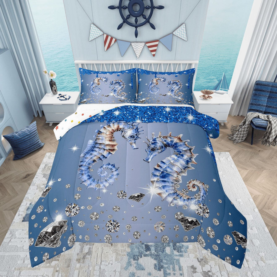 Seahorse Comforter Set Blue Sequin Fluid Art Down Comforter,Crystal Diamond Twin Bedding Sets,Nautical Sea Animal Duvet Set Coastal Creature Ocean Decor