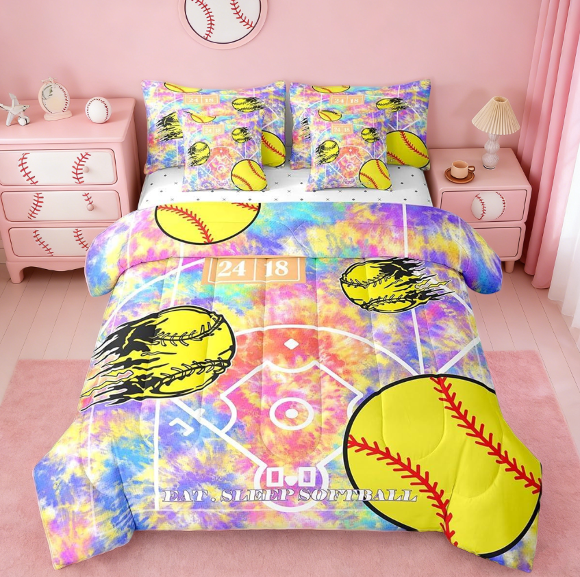 Manfei Softball 7 Pieces Bedding Comforter Set For Boys Girls,Ball Games Tie Dye Full Bedding Set Room Decorations Duvet Set Reversible