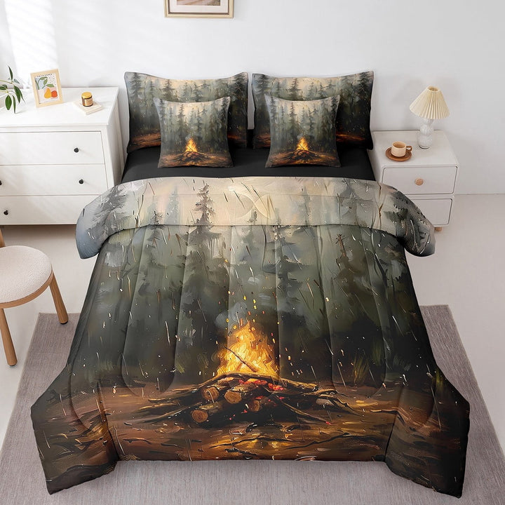 Erosebridal Happy Camping Bedding Queen Size,Smoky Jungle Comforter Sets with Sheets,Botanical Plants Bedding Sets Queen Size,Microfiber Teenager Bedroom Decor,Reversible,7 Pieces