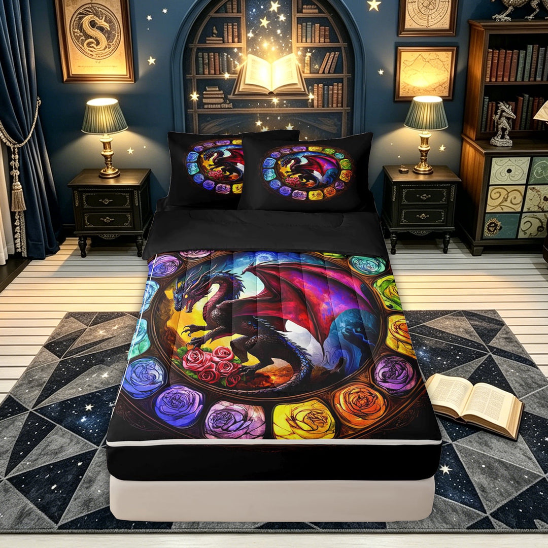 meiyoeat Rose Floral Dragon Zipper Twin Comforter Sets with Fitted Sheet and 2 Pillowcases for Kids Boys Girls, Cartoon Romantic Animal Zipper Bedding Set, Multicolor, Black Reversible, 4pcs