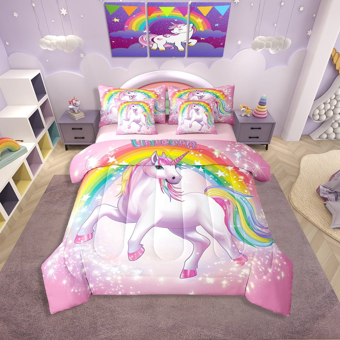 Erosebridal Glitter Pink Unicorn Bedding Sets Twin Size, Princess Comforter Sets with Sheets, Cartoon Rainbow Decor, Reversible 7pcs