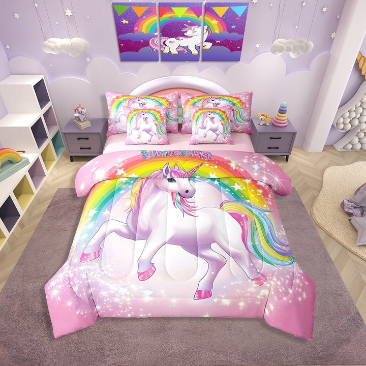 Erosebridal Glitter Pink Unicorn Bedding Sets Twin Size, Princess Comforter Sets with Sheets, Cartoon Rainbow Decor, Reversible 7pcs
