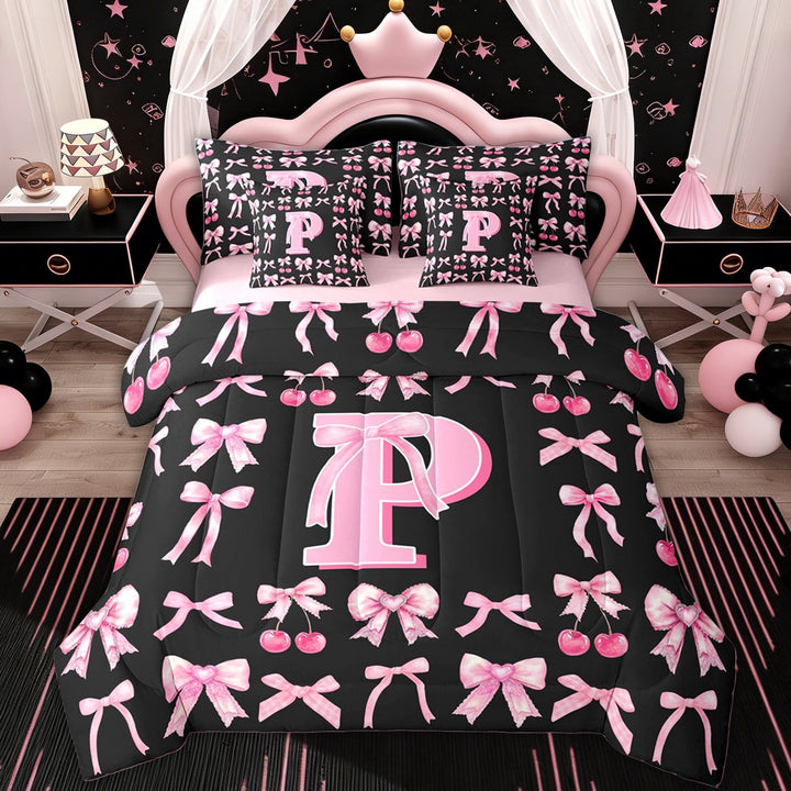 Erosebridal Bowknot Letter P Twin Bedding Sets for Kid, Black Pink Princess Bedding Comforter Set, 7 Pieces